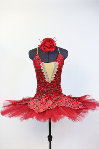Red velvet & gold brocade bodysuit has attached overlay with front mesh insert & gold braided piping. Red hooped tutu sits beneath overlay. Has rose hair piece. Front