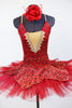 Red velvet & gold brocade bodysuit has attached overlay with front mesh insert & gold braided piping. Red hooped tutu sits beneath overlay. Has rose hair piece. Zoomed