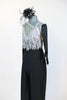 Black pin-stripe Zoot-Suit pant with a white/silver sequined &crystal bra that has fringe of dangling beads. Includes black headpiece and long gloves . Side