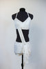 White velvet bra-top connected to white velvet short with crystal covered strap extending from the shoulder to opposite hip, that has white chiffon layers. Front
