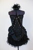 Black taffeta dress with black sequin detail has layers of tulle and crinoline, pink and AB Swarovski crystals, Comes with black head piece. Front