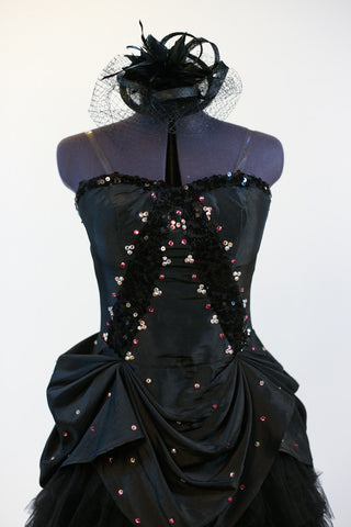 Black taffeta dress with black sequin detail has layers of tulle and crinoline, pink and AB Swarovski crystals, Comes with black head piece. Zoomed