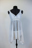 White chiffon dress with pleated bodice is speckled throughout with silver crystals. Comes with white panty (require sticky-cups). Comes with hair accessory, Front