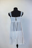 White chiffon dress with pleated bodice is speckled throughout with silver crystals. Comes with white panty (require sticky-cups). Comes with hair accessory. Back