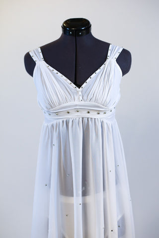 White chiffon dress with pleated bodice is speckled throughout with silver crystals. Comes with white panty (require sticky-cups). Comes with hair accessory. Zoom