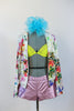 Pink metallic, lined, leather shorts, accompany a bright yellow bra with crystals and a silky floral jacket. Comes with a large aqua hair accessory. Front