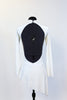 One piece white velvet bodysuit has long sleeves, high neck and open back. Has an attached angle skirt. Simple but pretty. Back