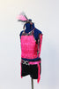 Black white & hot-pink half top with layers of pink fringe on front. Matching black shorts have pink fringe on side & a crystal clasp belt. Comes with gauntlets & hair piece. Side