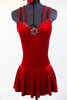 Deep red stretch velvet dress with attached bottoms. Criss-cross straps and Swarovski crystals with large center ruby coloured accent. Comes with hair piece. Zoom