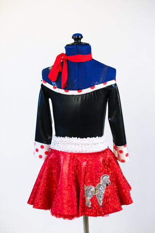 Black shiny off the shoulder body suit with white/red polk-a-dot trim/cuffs. Comes with a red, ruffled poodle skirt, white sparkle belt and red neck scarf. Front