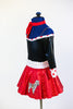 Black shiny off the shoulder body suit with white/red polk-a-dot trim/cuffs. Comes with a red, ruffled poodle skirt, white sparkle belt and red neck scarf. Side