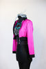 Hot pink crop sparkle jacket, with "Pink Ladies" on back. Comes with black leathery leggings with mesh side & a black/white/silver/aqua half top. Side