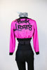 Hot pink crop sparkle jacket, with "Pink Ladies" on back. Comes with black leathery leggings with mesh side & a black/white/silver/aqua half top. Back