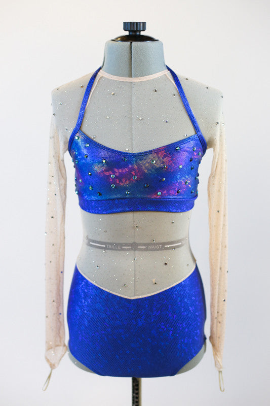 Sheer, mesh, long sleeved bodysuit/short, with blue bottom and detachable, bikini top worn over  the mesh. Crystals used to mimic water droplets. Zoomed
