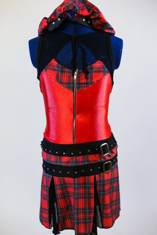 Shimmery red and black mesh front zip top with tartan accents, comes with a tartan pull-on kilt-like skirt with buckle accents and a tam-o-shanter hat. Zoomed