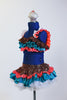 Turquoise-gold-coral sequined top has white ruffles & matching ruffled  sequined skirt with an attached panty. Has large cupcake hair piece with a cherry on top. Side