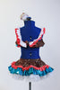 Turquoise-gold-coral sequined top has white ruffles & matching ruffled  sequined skirt with an attached panty. Has large cupcake hair piece with a cherry on top. Back
