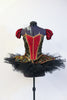 Black platter tutu with black/gold/burgundy damask bodice and overlay with gold piping and crystal accents.Has pull-on pouf sleeves & crystal hair accessory. Front