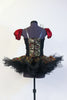 Black platter tutu with black/gold/burgundy damask bodice and overlay with gold piping and crystal accents.Has pull-on pouf sleeves & crystal hair accessory. Back