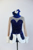 Royal blue, sequined velvet dress has sweetheart neckline with covered clear mesh. The skirt and wrists have a wide white fur trim & a matching velvet pill hat. Front