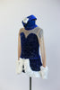 Royal blue, sequined velvet dress has sweetheart neckline with covered clear mesh. The skirt and wrists have a wide white fur trim & a matching velvet pill hat. Side