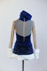 Royal blue, sequined velvet dress has sweetheart neckline with covered clear mesh. The skirt and wrists have a wide white fur trim & a matching velvet pill hat. Back