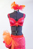 Pink & orange bra covered with crystal has matching ruffle/crystal skirt &shorts. Large bustle on the left hip. Comes with matching hair accessory Front zoom