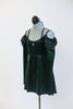 Green, sparkle velvet, off the shoulder, tunic dress has crystals, long sleeves & black chiffon draping at the shoulder. Comes with black floral hair accessory. Side