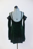 Green, sparkle velvet, off the shoulder, tunic dress has crystals, long sleeves & black chiffon draping at the shoulder. Comes with black floral hair accessory. Back