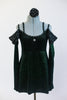 Green, sparkle velvet, off the shoulder, tunic dress has crystals, long sleeves & black chiffon draping at the shoulder. Comes with black floral hair accessory. Front zoomed