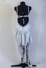 Full body lined white unitard with air-brushed feathering along front.Open back with cross-straps, large feather tail bustle feathers & feather hair accessory. Back