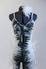 Full body lined white unitard with air-brushed feathering along front.Open back with cross-straps, large feather tail bustle feathers & feather hair accessory. Front zoomed