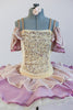 Professional ivory platter tutu, has rose/cream chiffon overlay and shoulder draping. Velvet bodice has gold sequined front. Comes with floral hair accessory. Front Zoom