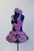Lavender glitter velvet half-top is attached  to a black petticoat skirt & panty with matching purple overlay. Large black bow at front & matching pill hat. Side