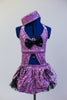 Lavender glitter velvet half-top is attached  to a black petticoat skirt & panty with matching purple overlay. Large black bow at front & matching pill hat. Front zoom