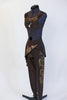 Brown two-piece bra-top with Egyptian style neck embellishment. Comes with matching leggings/ angled half-skirt.  Hand painted hieroglyphics on leg and skirt. Side