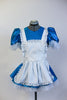 Blue sequined dress with pouffe sleeves, has an attached panty and layered petticoat skirt. Has an attached white pinafore apron and a black headband. Front
