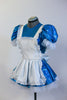 Blue sequined dress with pouffe sleeves, has an attached panty and layered petticoat skirt. Has an attached white pinafore apron and a black headband. Side