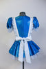 Blue sequined dress with pouffe sleeves, has an attached panty and layered petticoat skirt. Has an attached white pinafore apron and a black headband. Back