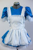 Blue sequined dress with pouffe sleeves, has an attached panty and layered petticoat skirt. Has an attached white pinafore apron and a black headband. Front zoom