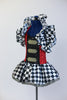 Black &White harlequin pattern dress has red/black sequined a bodice with crystal buckle accents and a large harlequin collar. With black top-hat 9 of hearts. Side