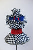 Black &White harlequin pattern dress has red/black sequined a bodice with crystal buckle accents and a large harlequin collar. With black top-hat 9 of hearts. Back