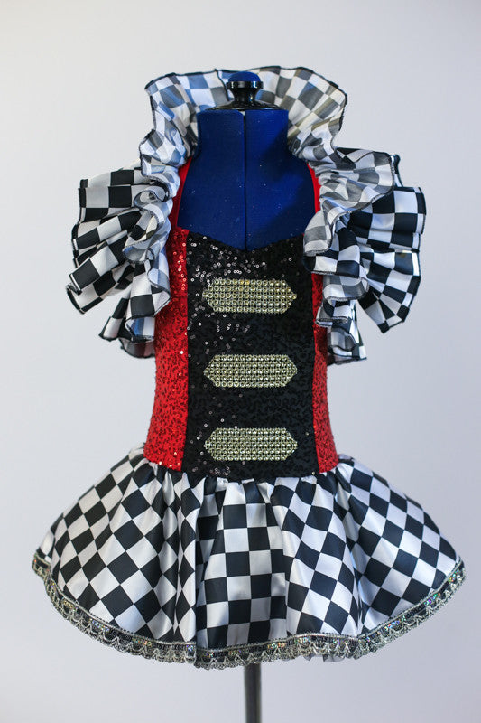 Black &White harlequin pattern dress has red/black sequined a bodice with crystal buckle accents and a large harlequin collar. With black top-hat 9 of hearts. Front zoomed