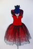 Red tutu dress has attached black/silver scalloped lace tutu skirt with red tulle beneath. Silver sequined applique and lace shawl collar adorn bodice. Front