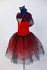 Red tutu dress has attached black/silver scalloped lace tutu skirt with red tulle beneath. Silver sequined applique and lace shawl collar adorn bodice. Side