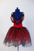 Red tutu dress has attached black/silver scalloped lace tutu skirt with red tulle beneath. Silver sequined applique and lace shawl collar adorn bodice. Back