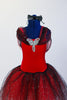 Red tutu dress has attached black/silver scalloped lace tutu skirt with red tulle beneath. Silver sequined applique and lace shawl collar adorn bodice. Front zoomed