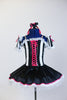 White platter tutu, has black satin overlay & pink piping. Striped  bodice has pink ribbon corset detail &matching shoulder poufs &matching hair accessory. Front
