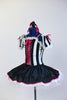 White platter tutu, has black satin overlay & pink piping. Striped  bodice has pink ribbon corset detail &matching shoulder poufs &matching hair accessory. Side