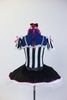 White platter tutu, has black satin overlay & pink piping. Striped  bodice has pink ribbon corset detail &matching shoulder poufs &matching hair accessory. Back